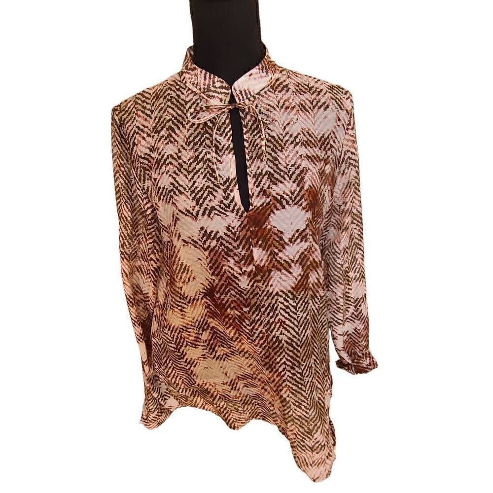 Worth New York Women's Blouse Herringbone Long Sleeve High Neck Brown Small